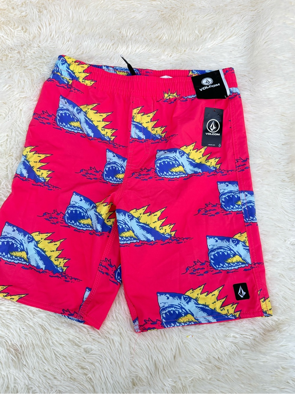 Volcom Swim Shorts with Blue and Yellow Shark Graphic